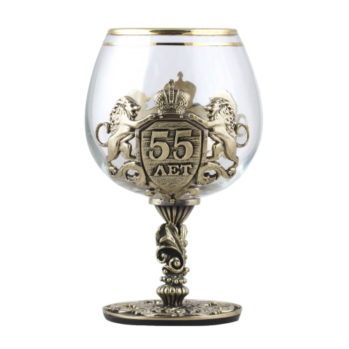 Бокалы - "Premium Glass Creations" - Бокал для коньяка "Настоящий мужчина С юбилеем! 55 лет" из дерева, стекла, картона и латуни фото 2